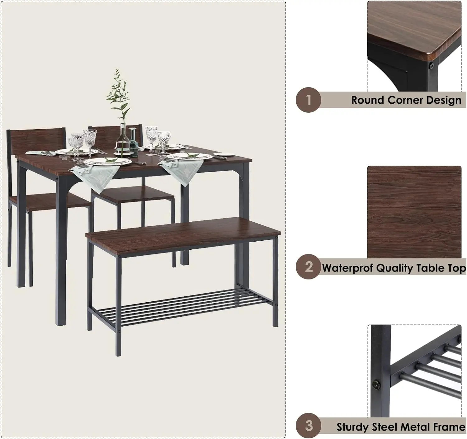 SogesHome 4 Piece Kitchen Dining Table Set for 4, Kitchen Table Bench Chairs Setfor 4, Space-Saving Table Set for Restaurant