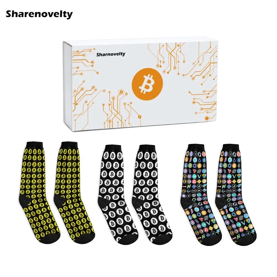 

Men's Crypto Logos Bitcoin Socks 90% Polyester Cryptocurrency Gift Box Socks for Men Spring Summer Middle Tube Socks 3 Pairs Set