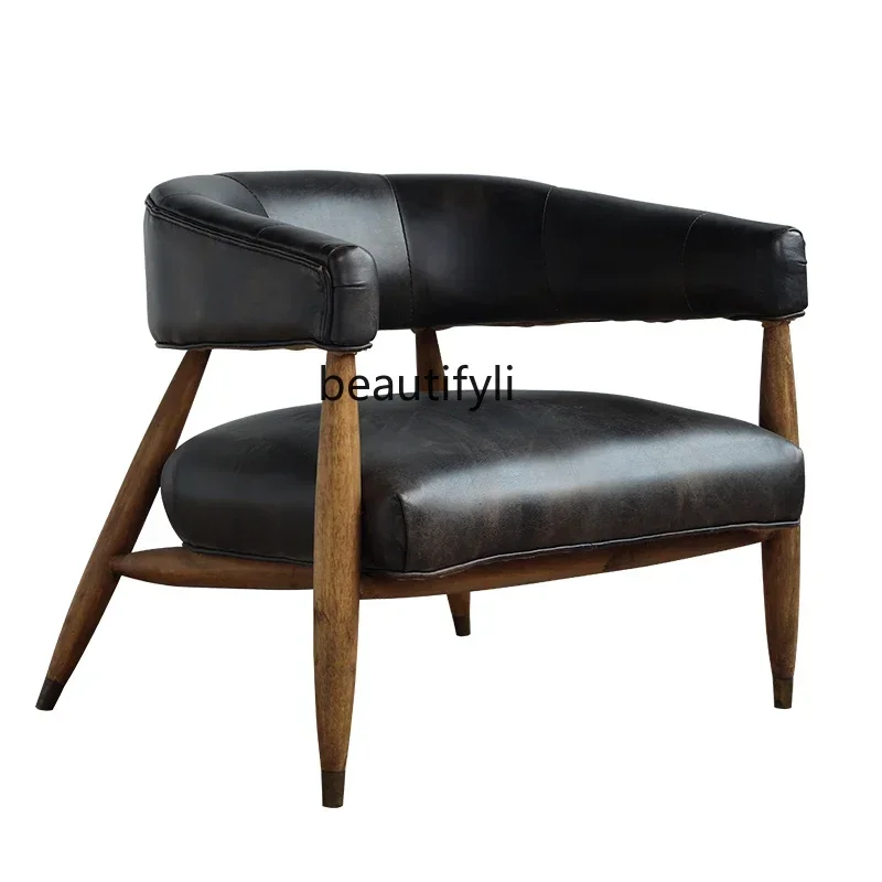 NQ52 Great discounts Retro solid wood sofa chair top layer cowhide casual single chair living room oil wax leather recliner