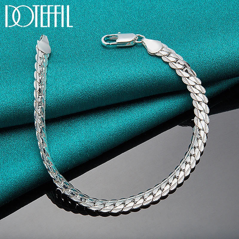 DOTEFFIL 925 Silver Bracelet 6mm 18/19/20cm Flat Side Chain Lobster Clasp For Woman Man Wedding Engagement Jewelry