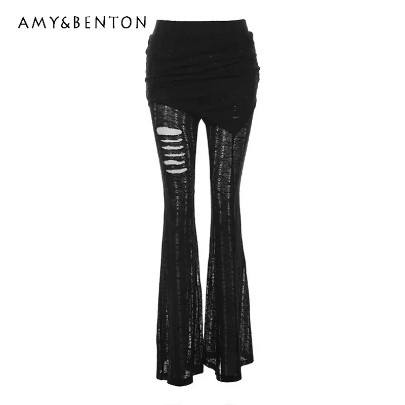 

2025 Autumn New Black Subculture Street Punk Hot Girl Women's Flared Pants Gothic Dark Sexy Knitted Bodycon Long Trousers Ladies