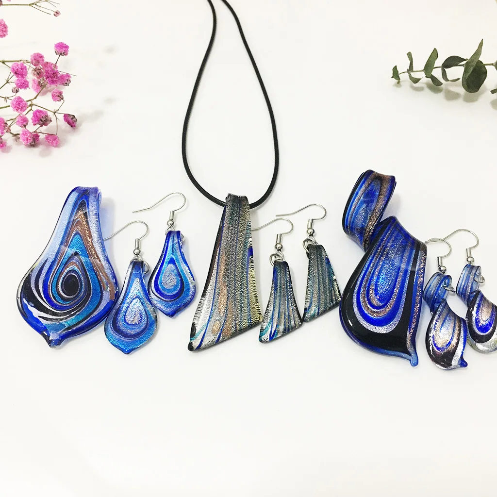 

3 Sets Murano Glass Lampwork Pendant Necklace Earrings Dark Blue Knife Leaf Shapes Colored Jewelry For Women Cheap Items