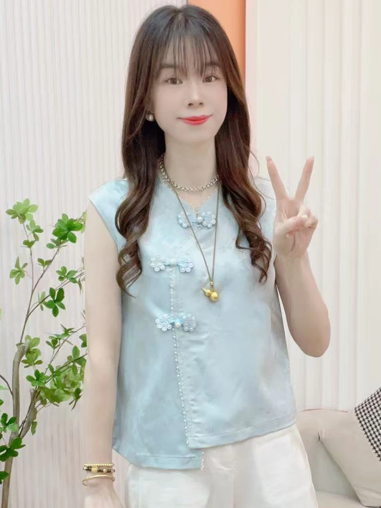 패셔너블한 슬림핏 버튼업 여성용 탑, 한국 스타일, 루즈핏, 라운드넥, 통기성 좋은 여름용...