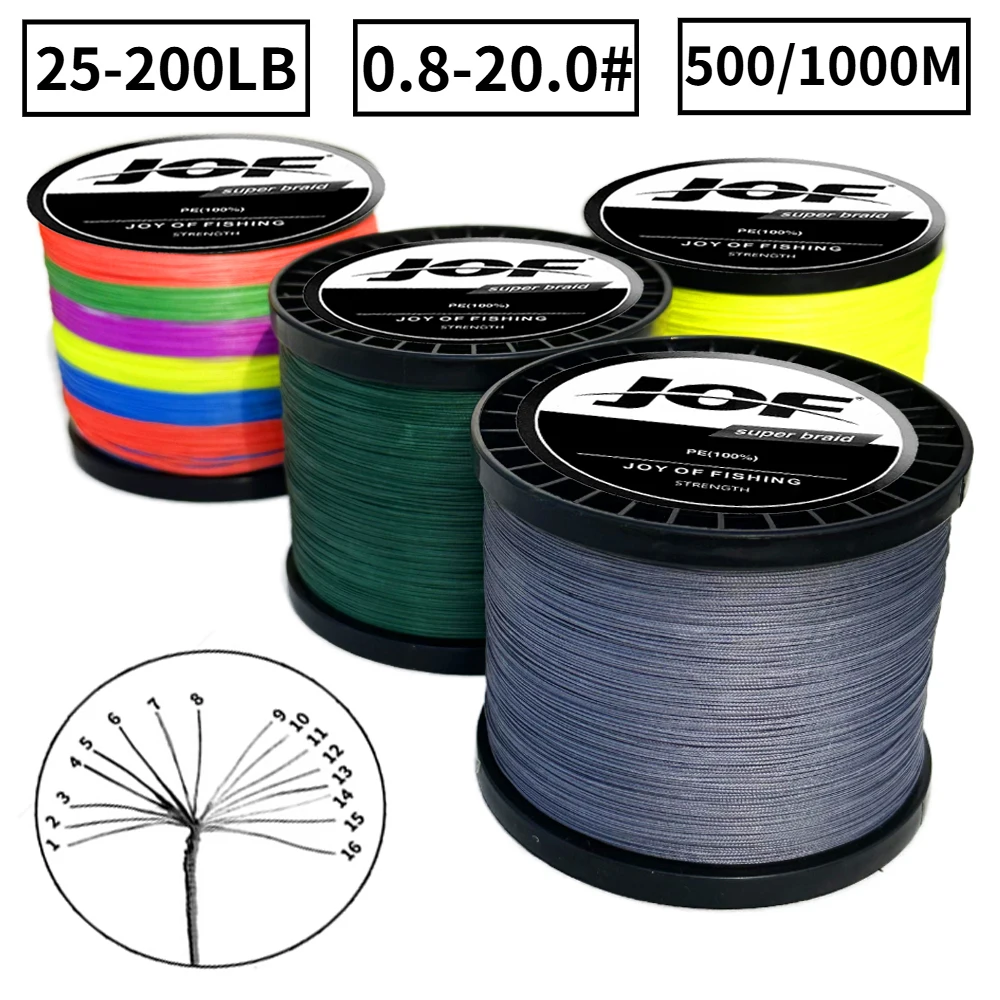 JOF 1000/500M 16 Strands Multifilament Braided Fishing Line 25-200LB Super Strong Long Casting HollowCore Main Wire 0.16-0.8mm