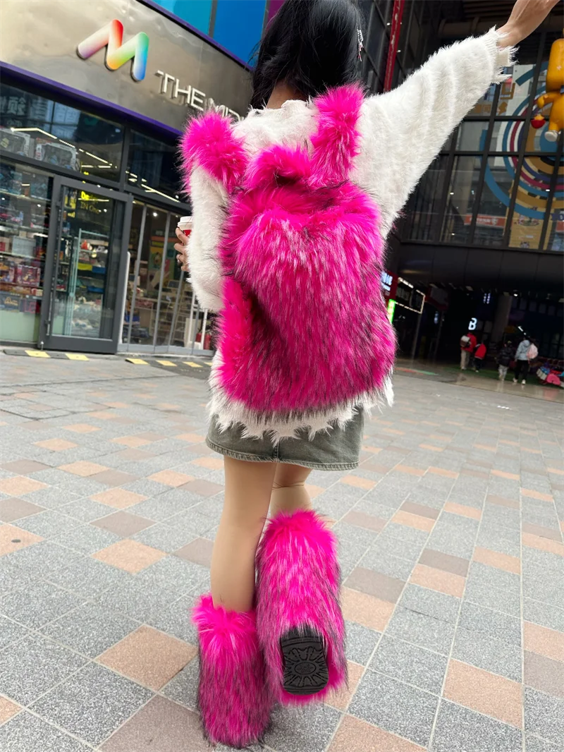 Y2k Girls Faux Fur Backpack Korean Fashion Gradient Color Plush Backpacks Winter Fluffy School Bag Large Capacity Pink Schoolbag