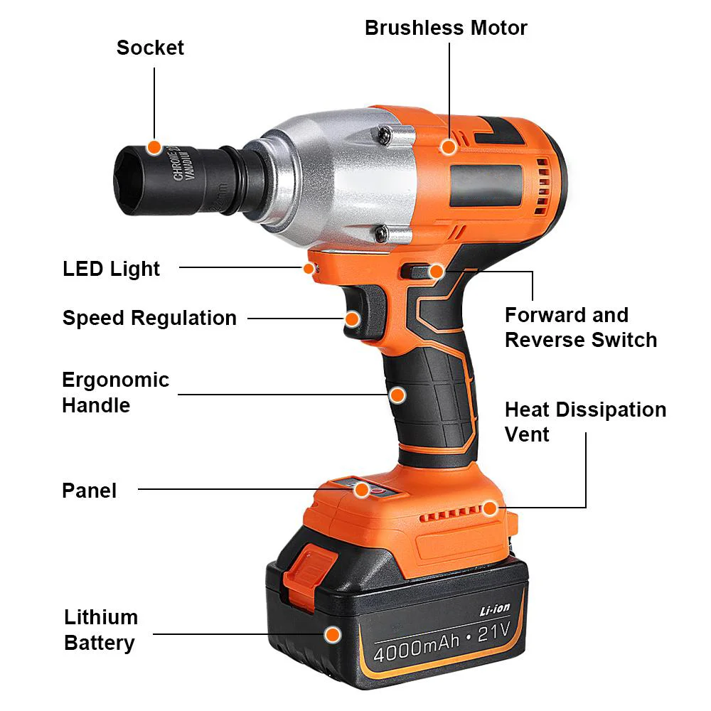 PW3 Brushless Cordless Electric Wrench 550N.m Max 3000 BPM 4.0A Impact Wrench Power Tools with Lithium Ion Battery