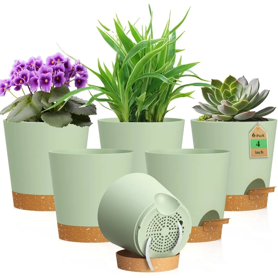 

4 inch Self Watering Pots for Indoor Outdoor Plants 6 Pack Plastic Flower Planters with Drainage Holes and Removable Saucers Pl