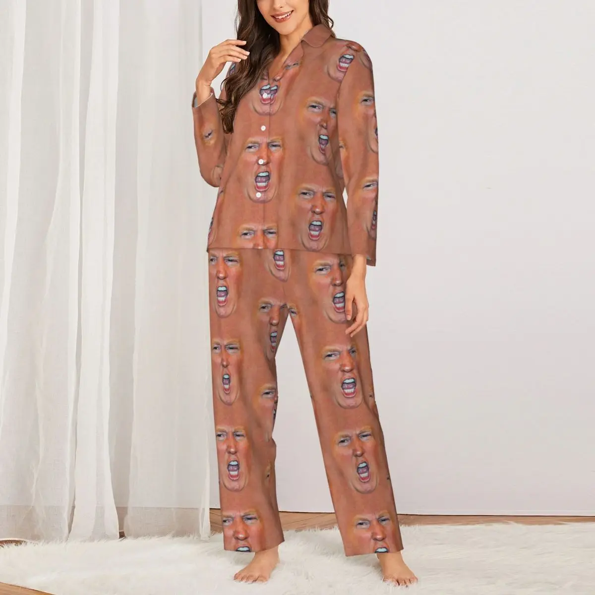 Lustige Pyjama-Sets mit Trump-Haut, warme Nachtwäsche für Damen, langärmelig, ästhetische Nacht, 2-teilige Nachtwäsche, große Größe 2XL