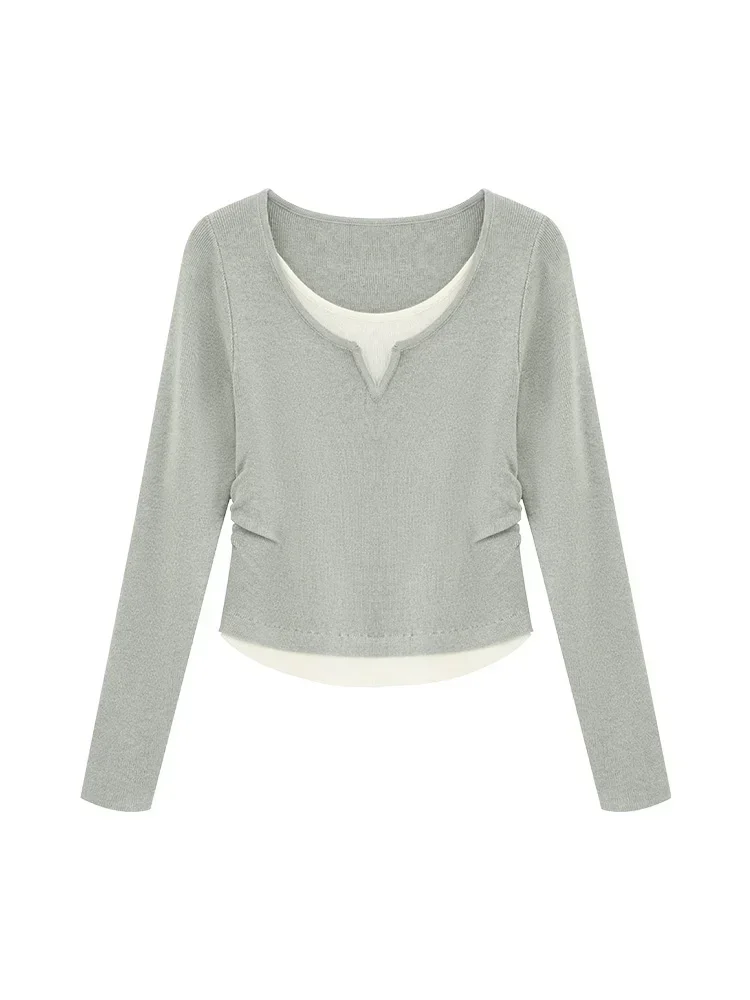 Mehrlagiges Strickoberteil für Damen in Kontrastfarbe |   Slim-Fit-Langarm-Crop-Pullover für den Frühherbst |   Lässiges, stilvolles Pullover-Design