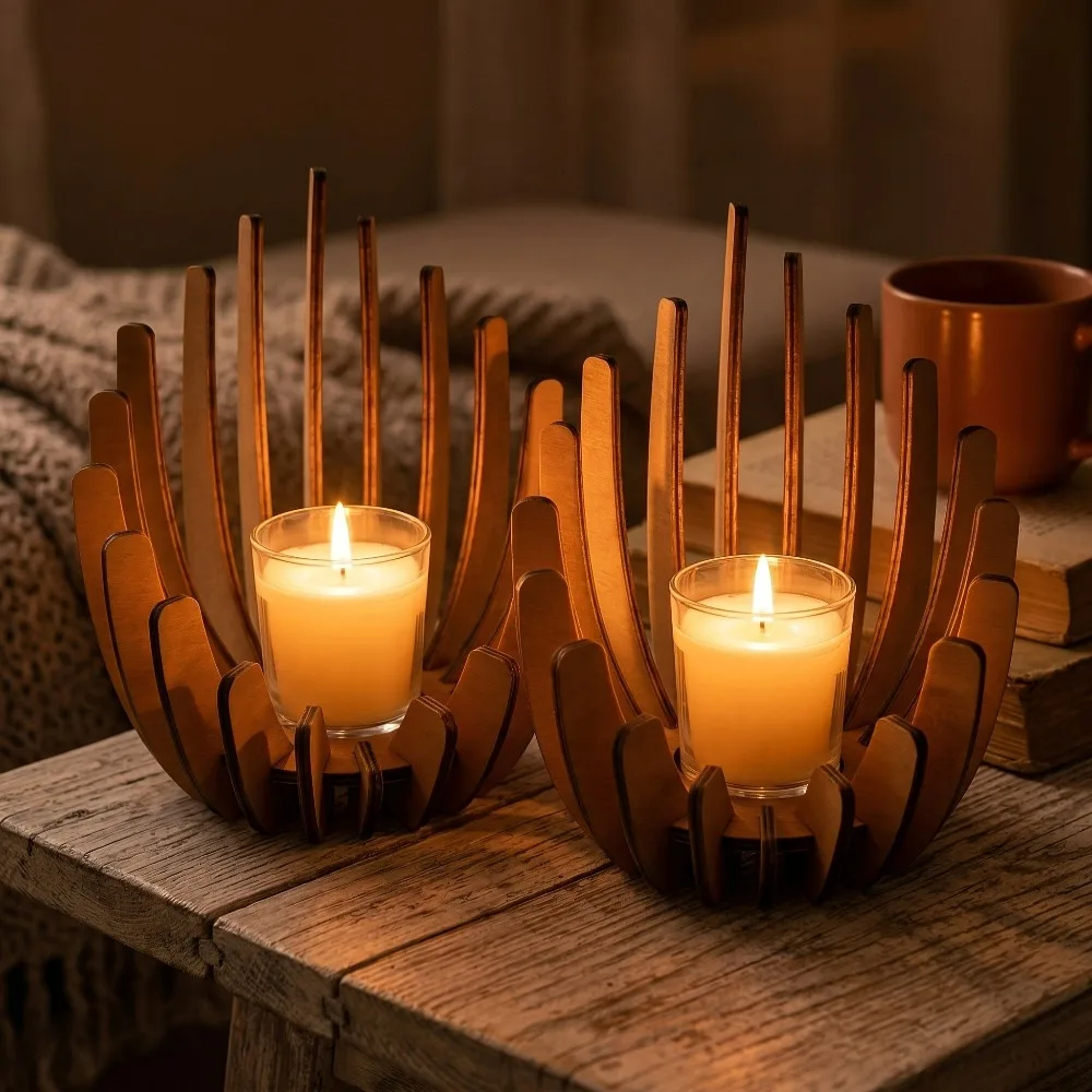Wooden Lotus Candle Holder Assembled Flame Design Natural Wood Tea Light Stand for Home Wedding Party Table Decor Rustic Wooden
