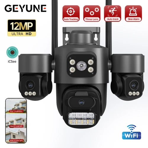Cámara IP PTZ de tres lentes para exteriores, 6K HD, tres pantallas, WiFi, cámara de seguridad, seguimiento automático, cámara CCTV inalámbrica de doble lente de 12MP iCsee
