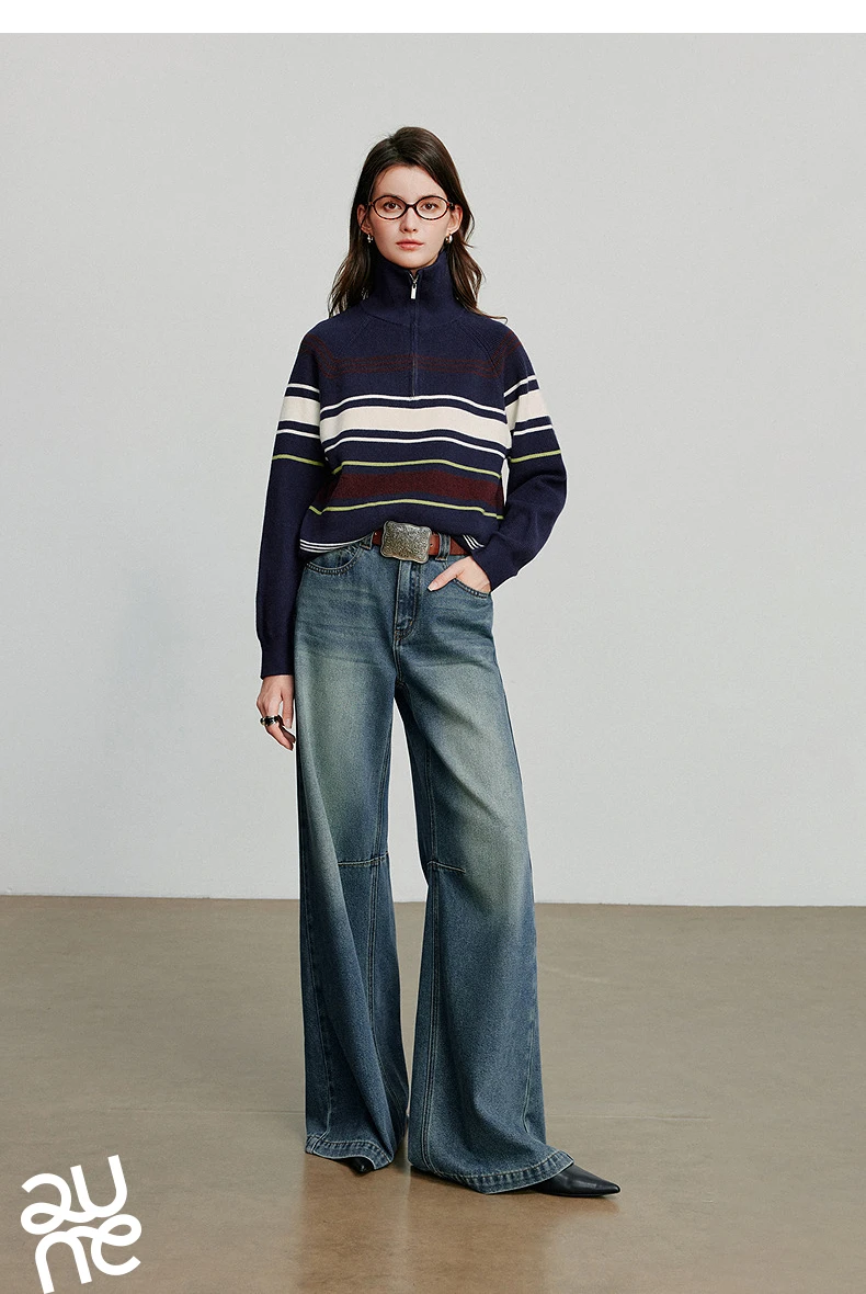 TOYOUTH Women Knitted Sweater 2026 Autumn New Fashionable Style Striped Zipper High Collar Woolen Pullover Sweater Tops