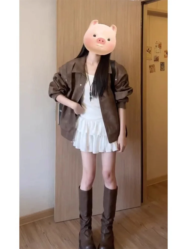 Browan Leather Jaet Women's Loose Fit American Sle Spring Autumn New Faion PU Leather Coat Upper Body Trendy