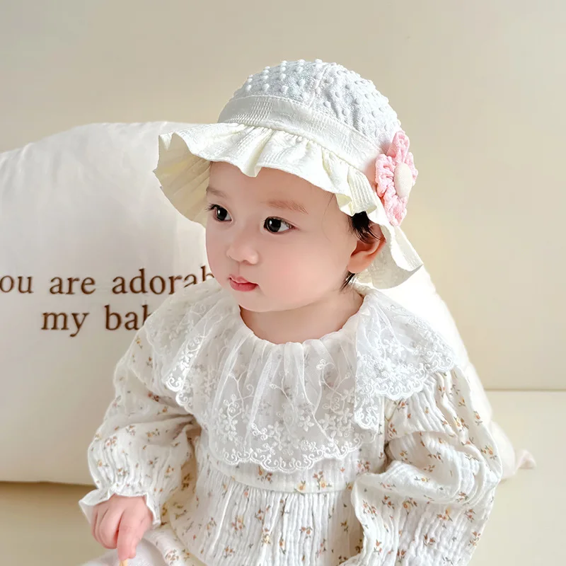 

4 Colors Spring New Girls Lace Hat With Flower Cute Baby Fisherman Hats Fashion Toddler Sunshade Headwear Accessories 3-18M