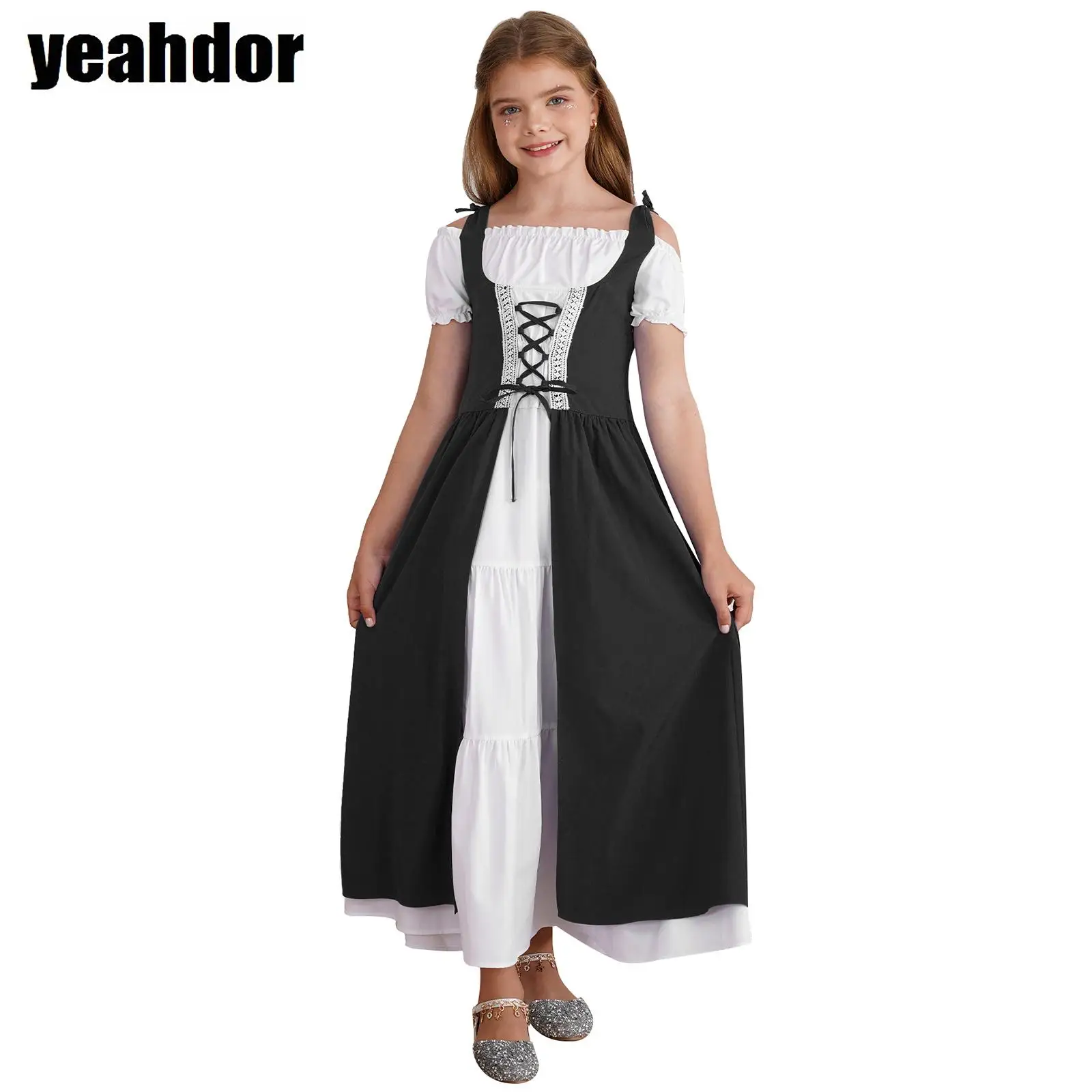 

Girls Medieval Renaissance Costume Christmas Halloween Cosplay Victorian Princess Steampunk Dress Lace-up High Waist Ruffle Dres