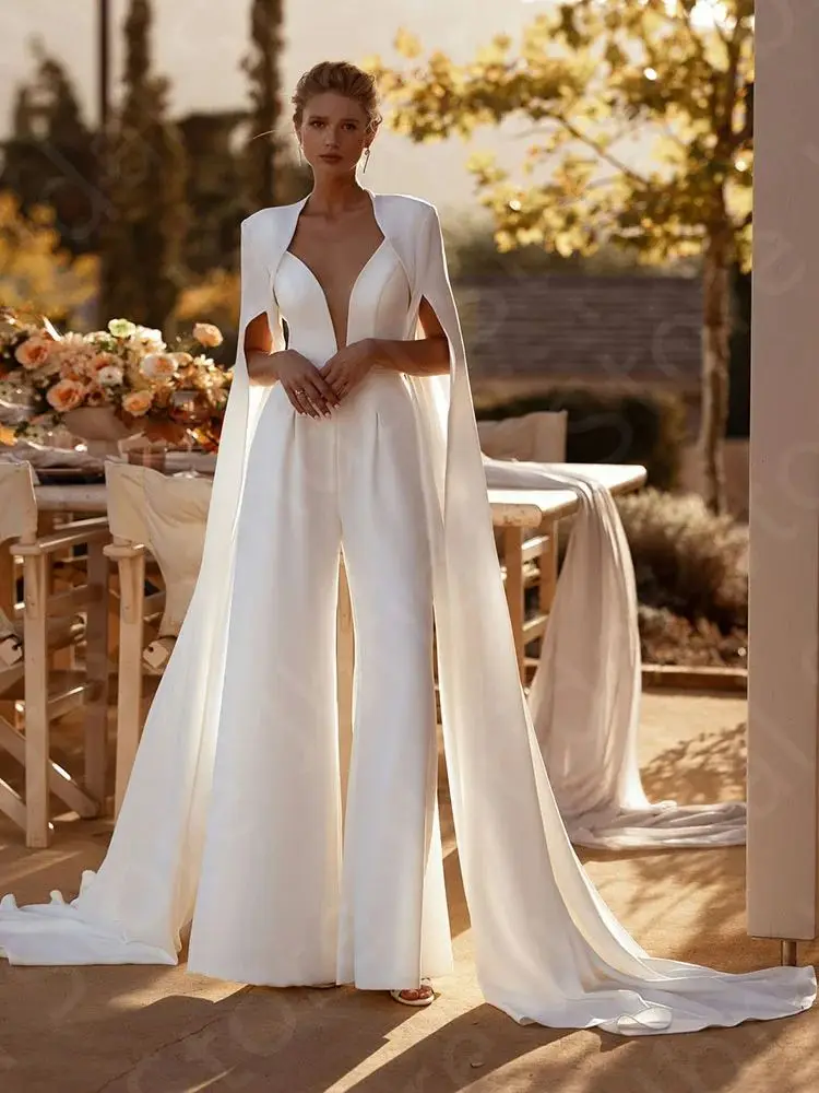 Últimos vestidos de novia personalizados de dos piezas, traje con pantalones blancos, vestidos de novia, mono, vestido de novia con capa, vestidos de boda con espalda