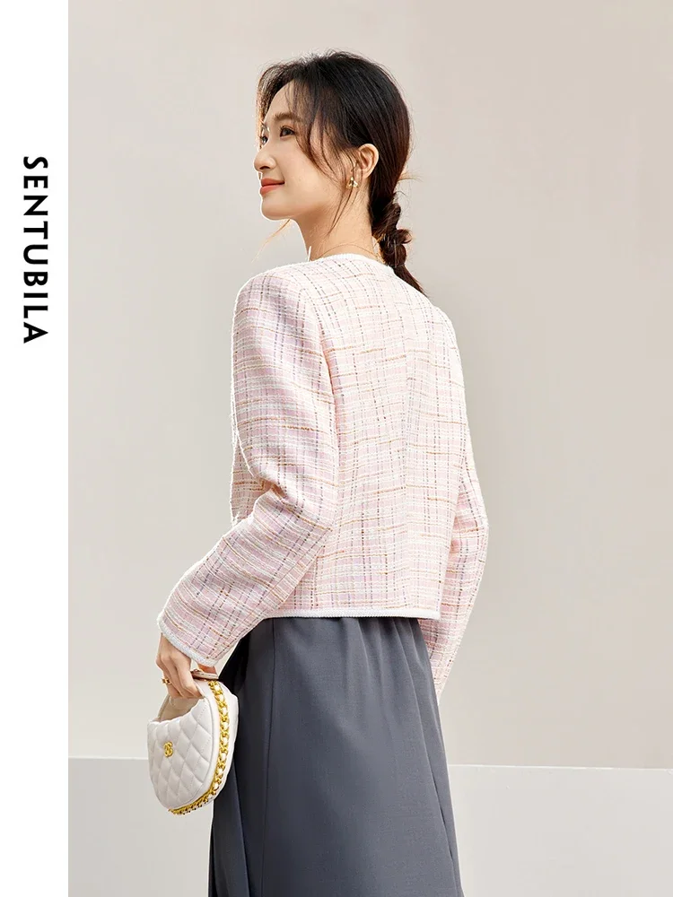 SENTUBILA Women Pink Tweed Jacket 2024 Autumn Elegant Round Neck Long Sleeve Single Breasted Straight Short Jackets W41W53601