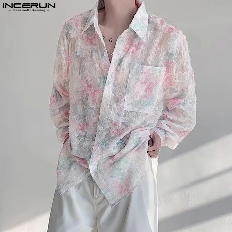 INCERUN-camisa Jacquard de manga larga para hombre, ropa de calle holgada, informal, a la moda coreana, con solapa transparente, S-5XL, 2024