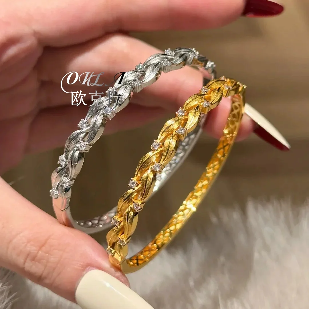 

Okla Vintage Exquisite Jewelry Willow Leaf Design Gold Color Bracelets Bangles Inlaid with Zircon Hand Accessories For Women