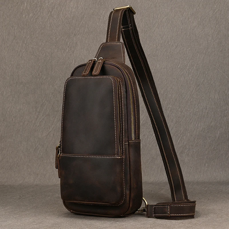 Genuine Leather Chest Bag Man's Small Crossbody Bags Real Cowhide Sling Bag Single Belt Shoulder Bag Male Summer Phone Daypack