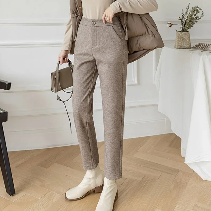 

Vintage Office Lady Trousers Pantalon Autumn Warm Woolen Pants Winter High Waist Harem Pants Casual Pocket Suit Trousers 23612