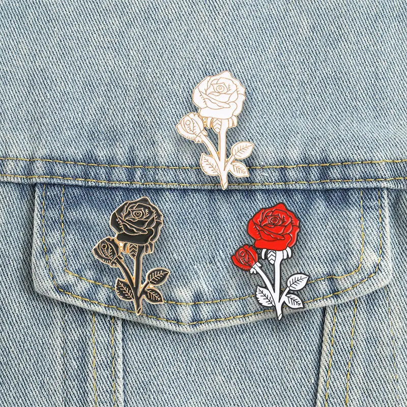 Vintage Rose Badges Black Red White Flower Enamel Pin Punk Floral Plant Brooch Romantic Decorative Valentine Accessories