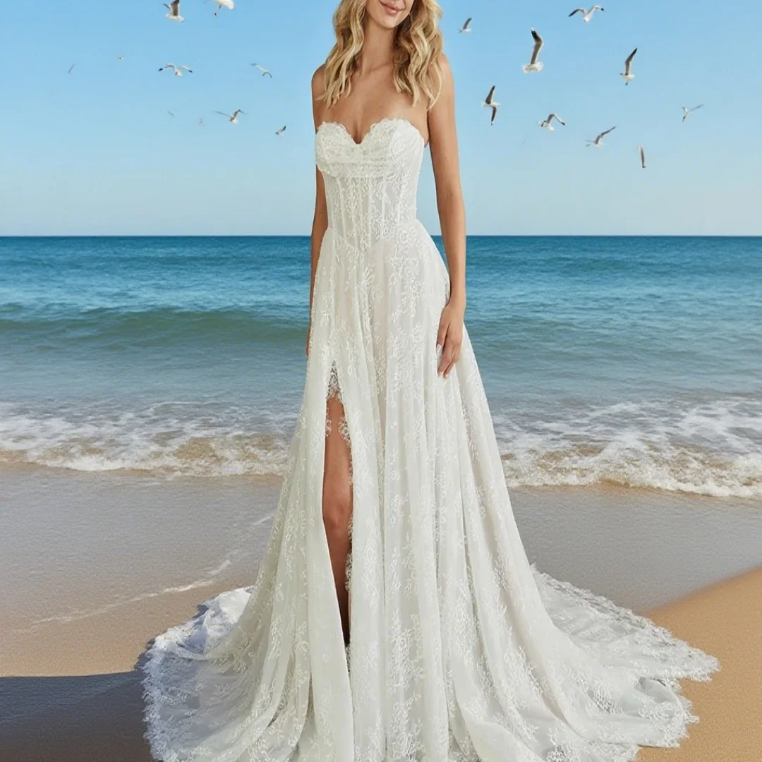 

Customized heart-shaped lace wedding dress with A-line front slit and strapless formal bridal gown