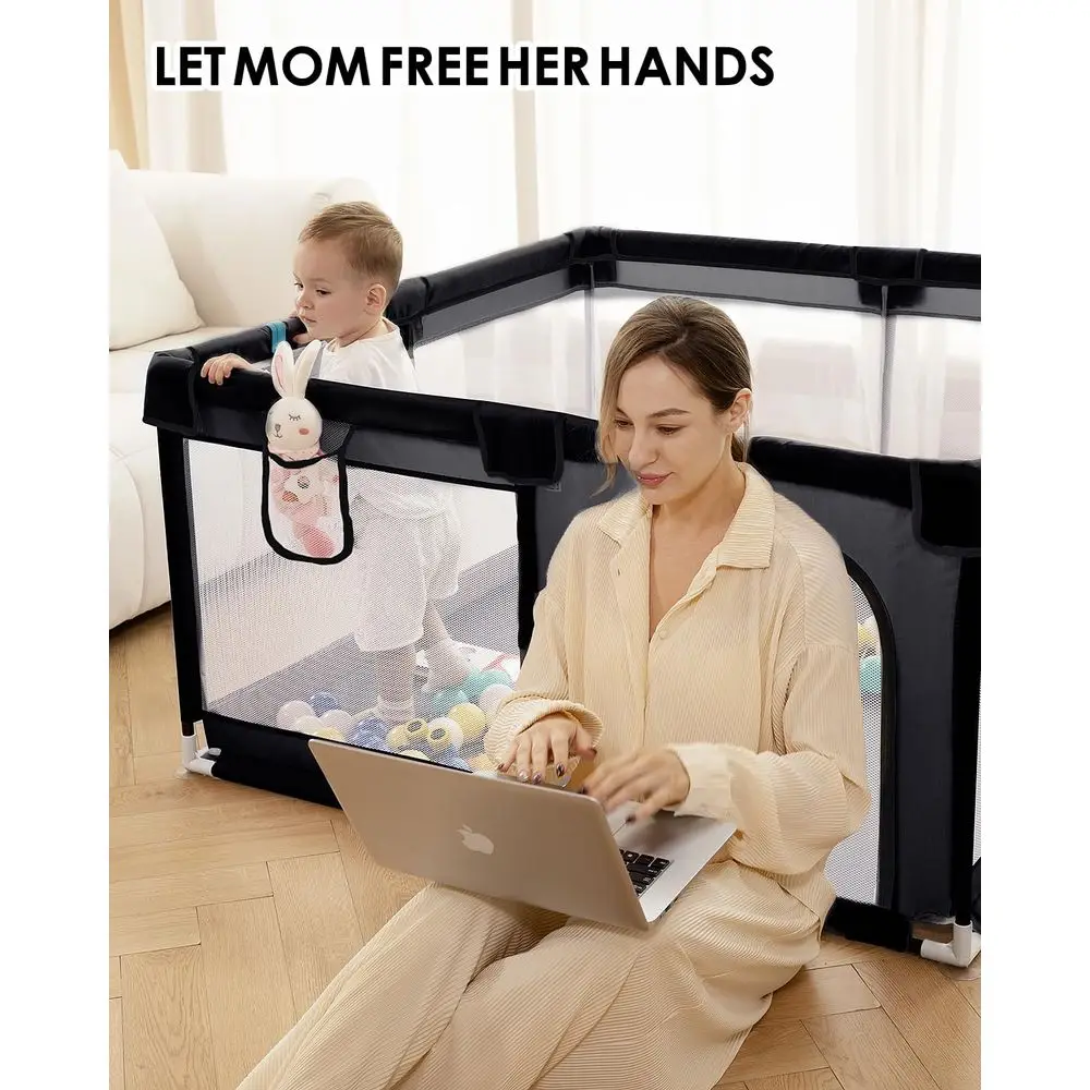 Extra Large 71x59 Baby Playpen with Steel Frame, Toddler Activity Center, Safety Gate, and Toys (Black)