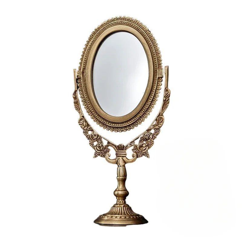 European Style Retro Brass Metal Cosmetic Mirror Craftsmanship Ornament Light Luxury Carved Desktop Decorative Vanity Mirror