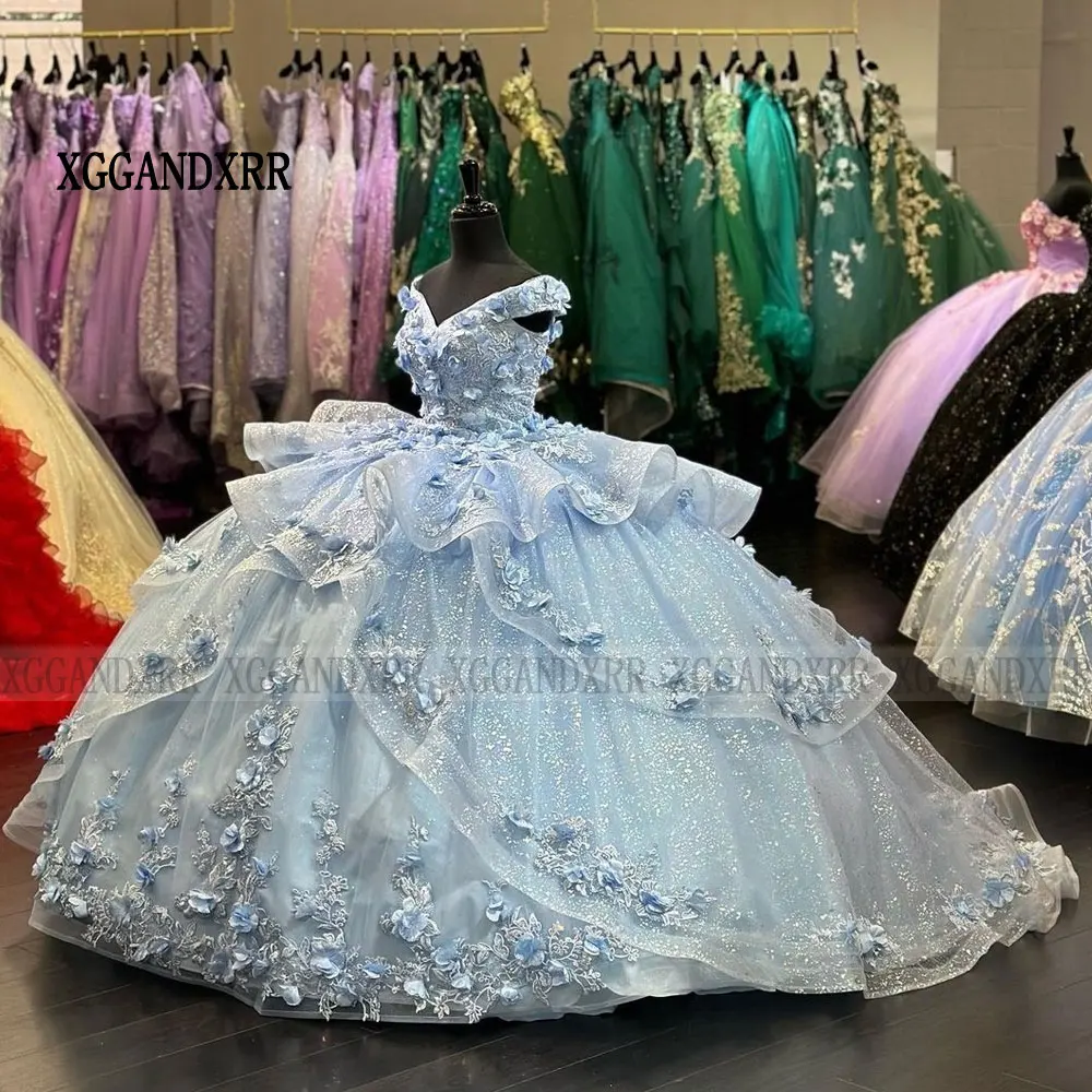 Cinderella Quinceanera Dress 2024 Sparkling 3D Floral Flowers Layers Princess Ball Gown Sweet 15 Vestidos De XV Años Party Gown