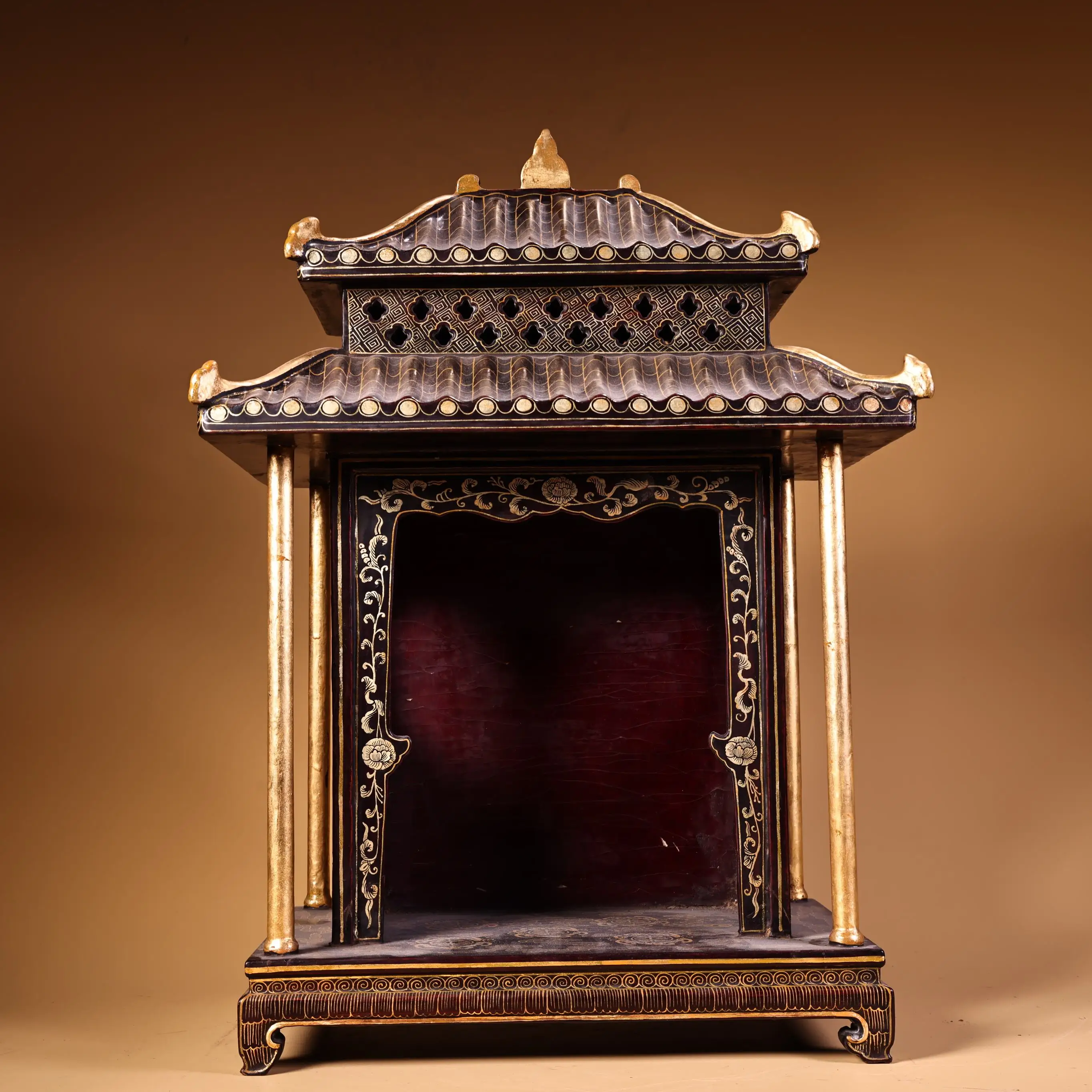 

19"Tibetan Temple Collection Old Wood Lacquerware Outline in gold Bat Floral Pattern Buddhist Niche Worship Hall Town house
