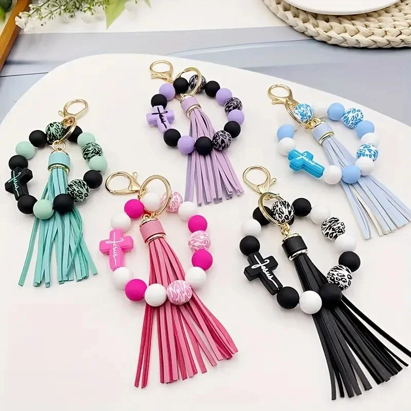 Silicone Bead Wristband Keychain And PU Leather Tassel Skull Fashion Bag Pendant, Telephone Lanyard, Women's Daily Use Gift
