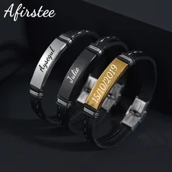 Afirstee Custom Stainless Steel Engrave Name Date Leather Bracelets For Men Personalized Nameplate Male Bangles Jewelry Gift