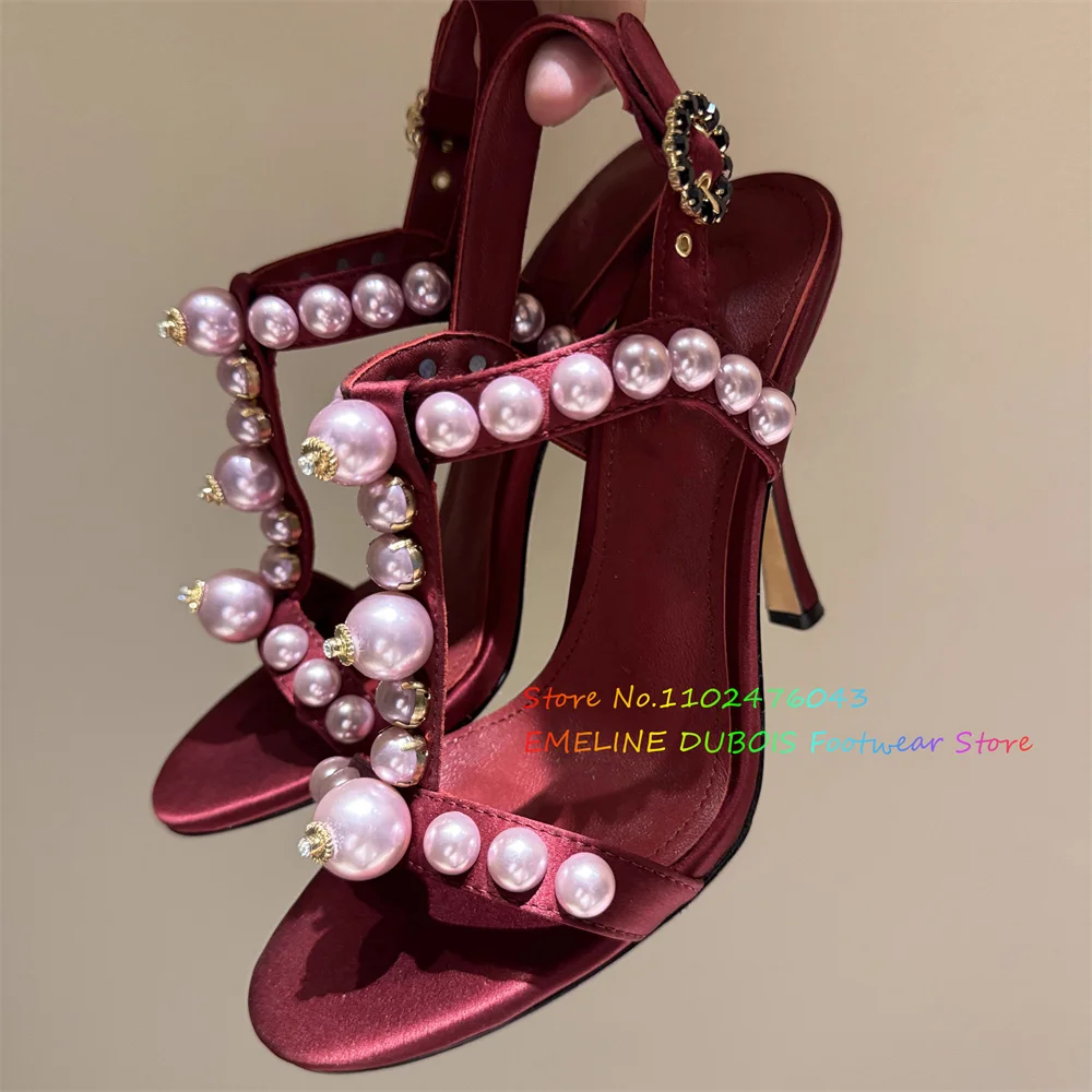 2025 New Round Head Pearl Decor High Heel Sandals Women Stiletto Heel Slingback Crystal Buckle Sexy Banquet Dress Shoes view 2