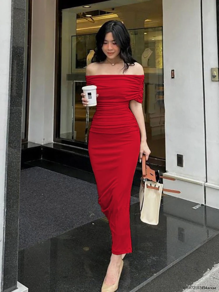 

Women Summer Solid Two Piece Set Dress Elegant Casual Fashion Streetwear Bodycon Slim Off Shoulder Maxi Long Dress 2023 New