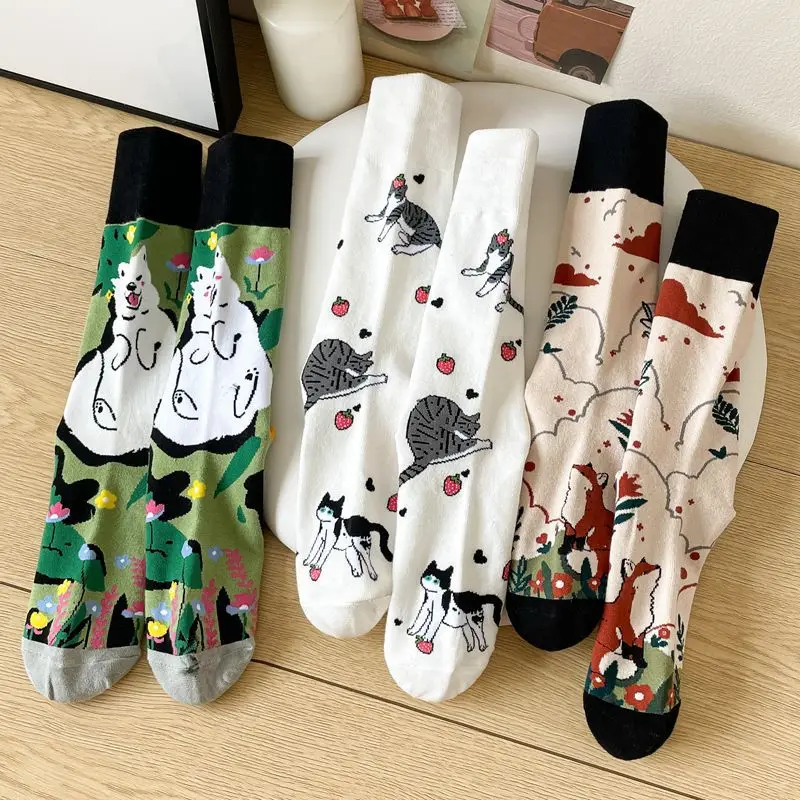 Cotton Middle Tube Socks Cute Amime Animal Cat Fox Bear Knitted Sock Breathable Tubes Keep Feet Tidy Warm Gift for Friends