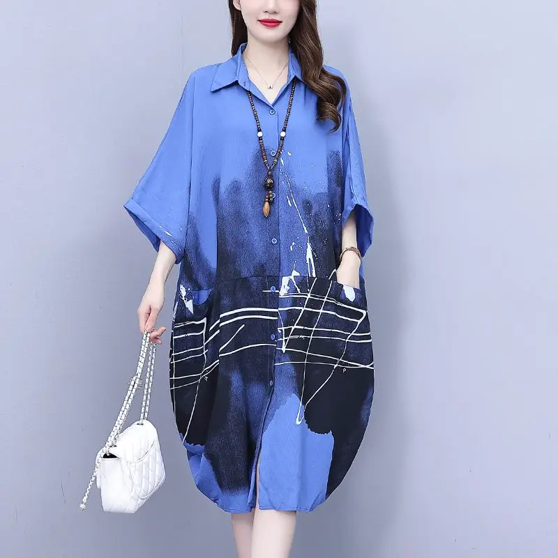 Female Clothing Fashion Ink Painting Shirt 2023 Spring Summer Casual Loose Pockets Single-breasted Commute Polo-Neck Midi Blouse