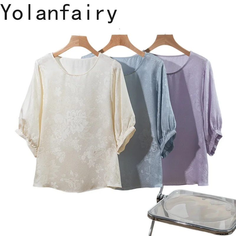 YOLANFAIRY 100% Real Mulberry Silk Woman T-shirt 2025 Casual O-neck T Shirt Dames Summer Top Fashion Tshirts Tee Shirt Femme