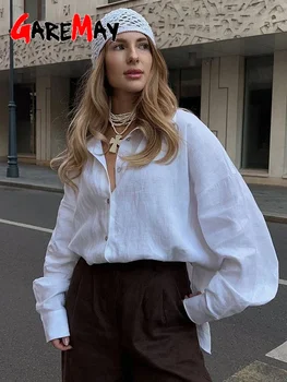 White Women's Linen Shirt Long Sleeve Elegant Pink Oversize Blouse Vintage Spring Basic Top Collar Cotton Linen Shirt for Women 1