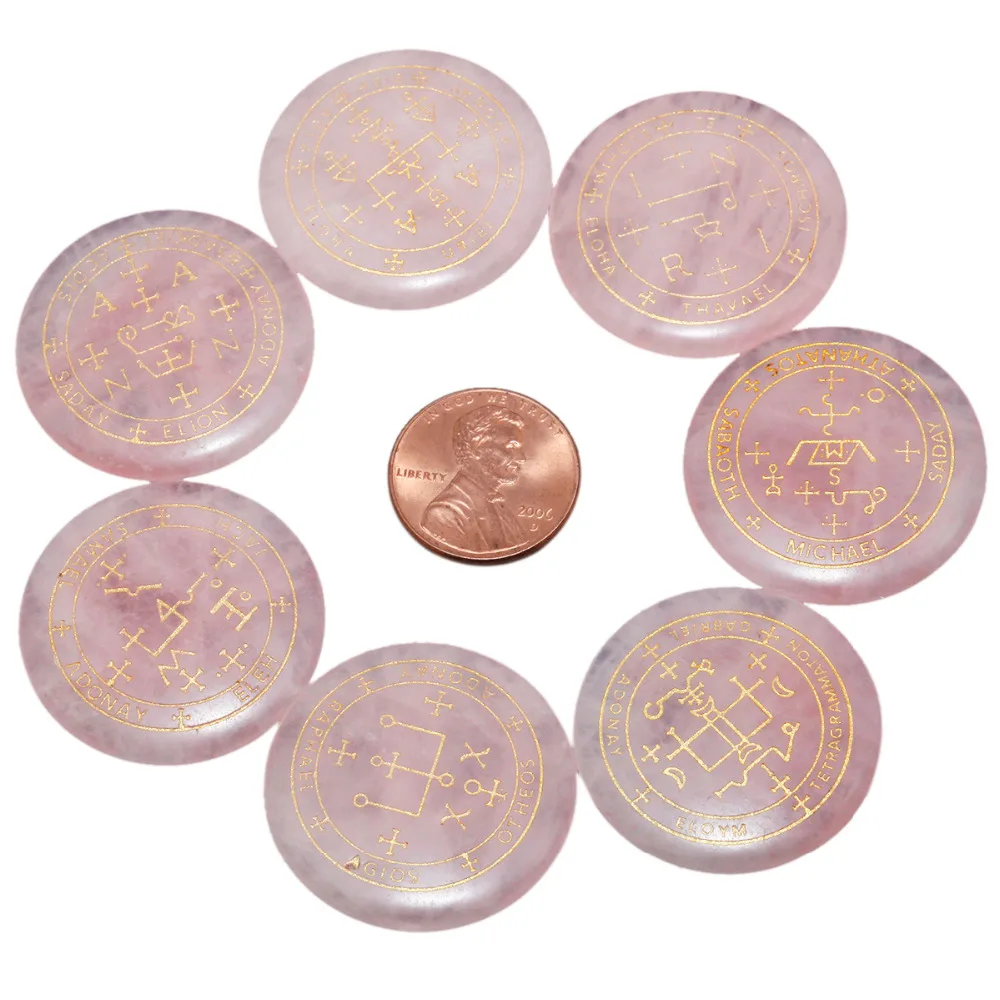 7Pc/Set Engraved Magic Archangel Symbol Round Crystal Stone Slices Spiritual Powers Palm Stone Worry Stone For Chakra Balancing