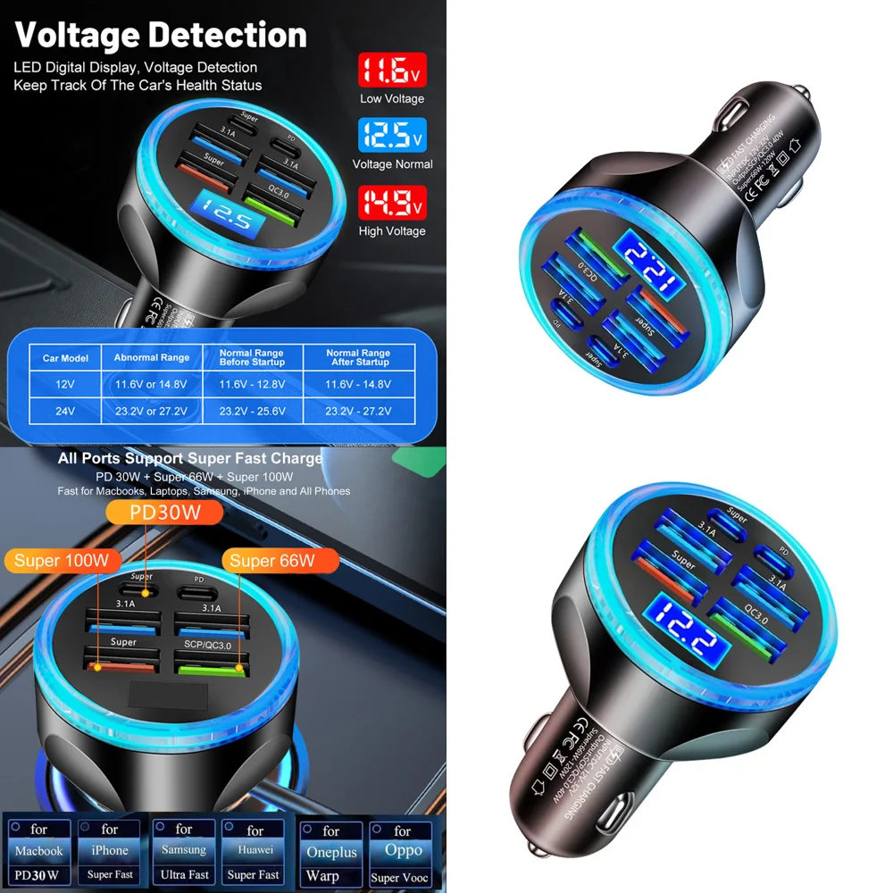 Trending Multi Port Car Charger Adapter USB Type C Super Fast Charge 6 in 1 PD 30W for iPhone iPad Samsung Dropshipping Products