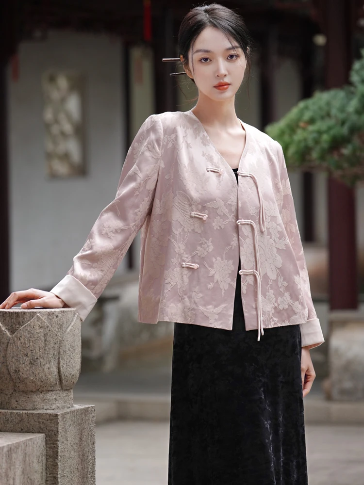 

New Chinese Sle V-ne Silk Embroidered Cotton Tea Costume Top Hanfu Cotton Jaet Daily Wear Autumn Winter Faion