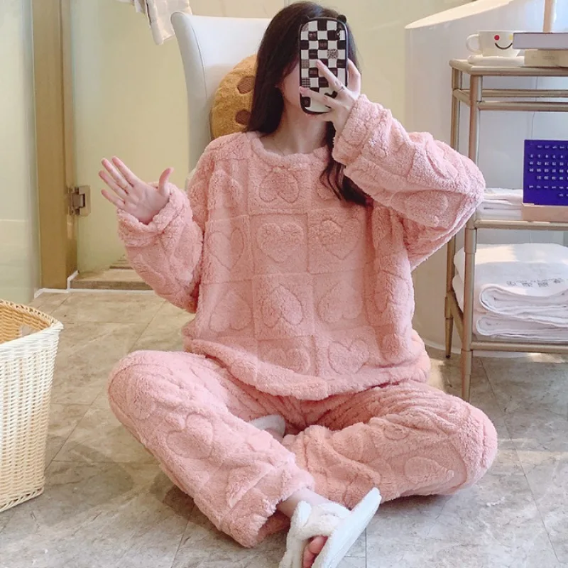 5XL Oversized Plush Pajamas Set Women\'s Coral Fleece Autumn Winter Warm Home Clothes Sweet Long Sleeves Loose Thickened Outwear