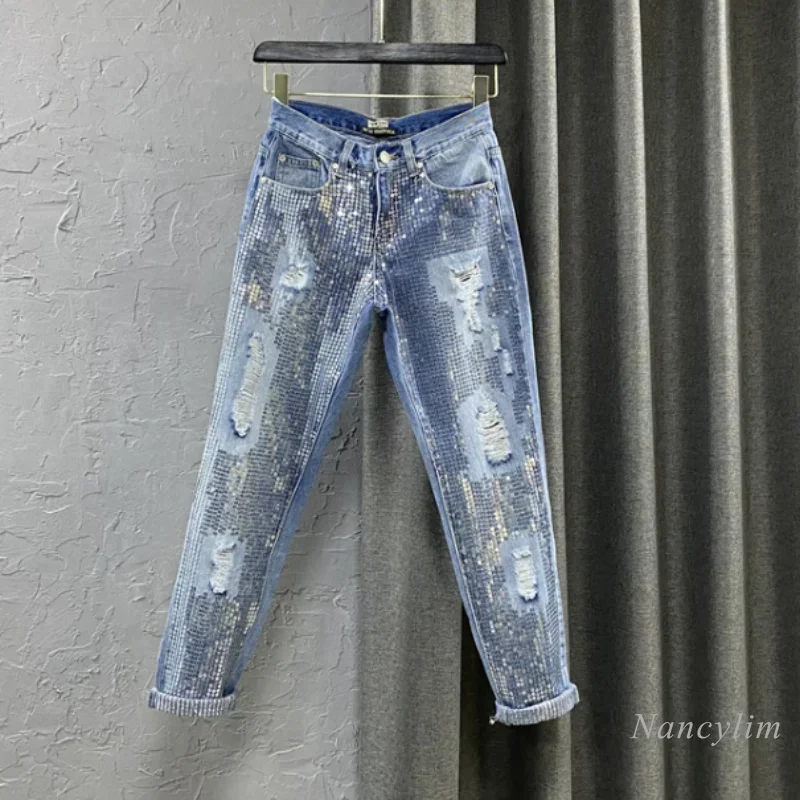 Large Size Denim Pants Women Harem Trousers 2024 New Summer Autumn Embroidery Sequins Light Blue Ripped Holes Jeans Femme