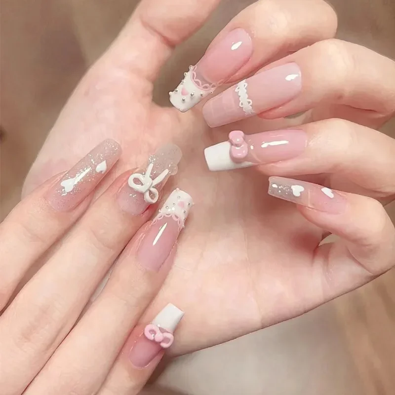 24 قطعة الأظافر الوردية عارية كاذبة الحلو اللؤلؤ Bowknot اضغط على الأظافر الفرنسية قصيرة مربع مسمار الفن بريق الماس الأظافر وهمية للفتيات #3