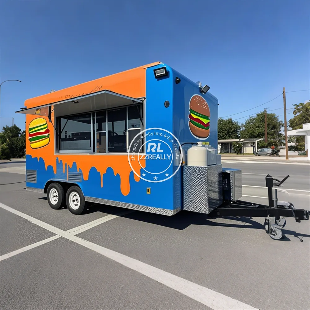 Camiones de comida móviles con logotipo personalizado, carrito de comida comercial de Catering totalmente equipado con cocina completa