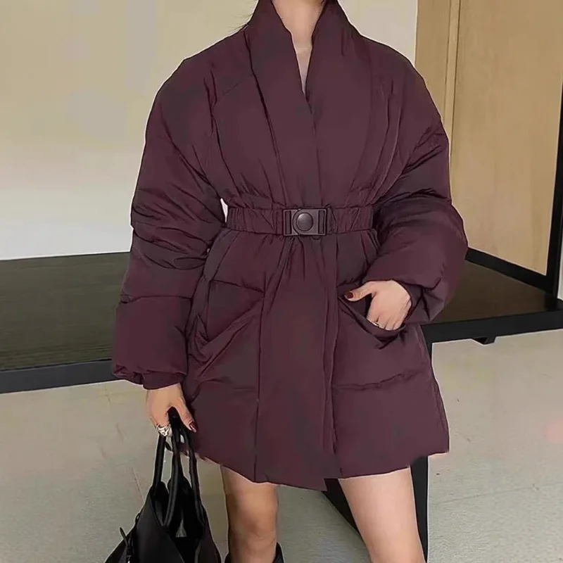 

Solid Spliced Belt Loose Jackets for Women V Neck Long Sleeve Temperament Parkas Female Fashion Style