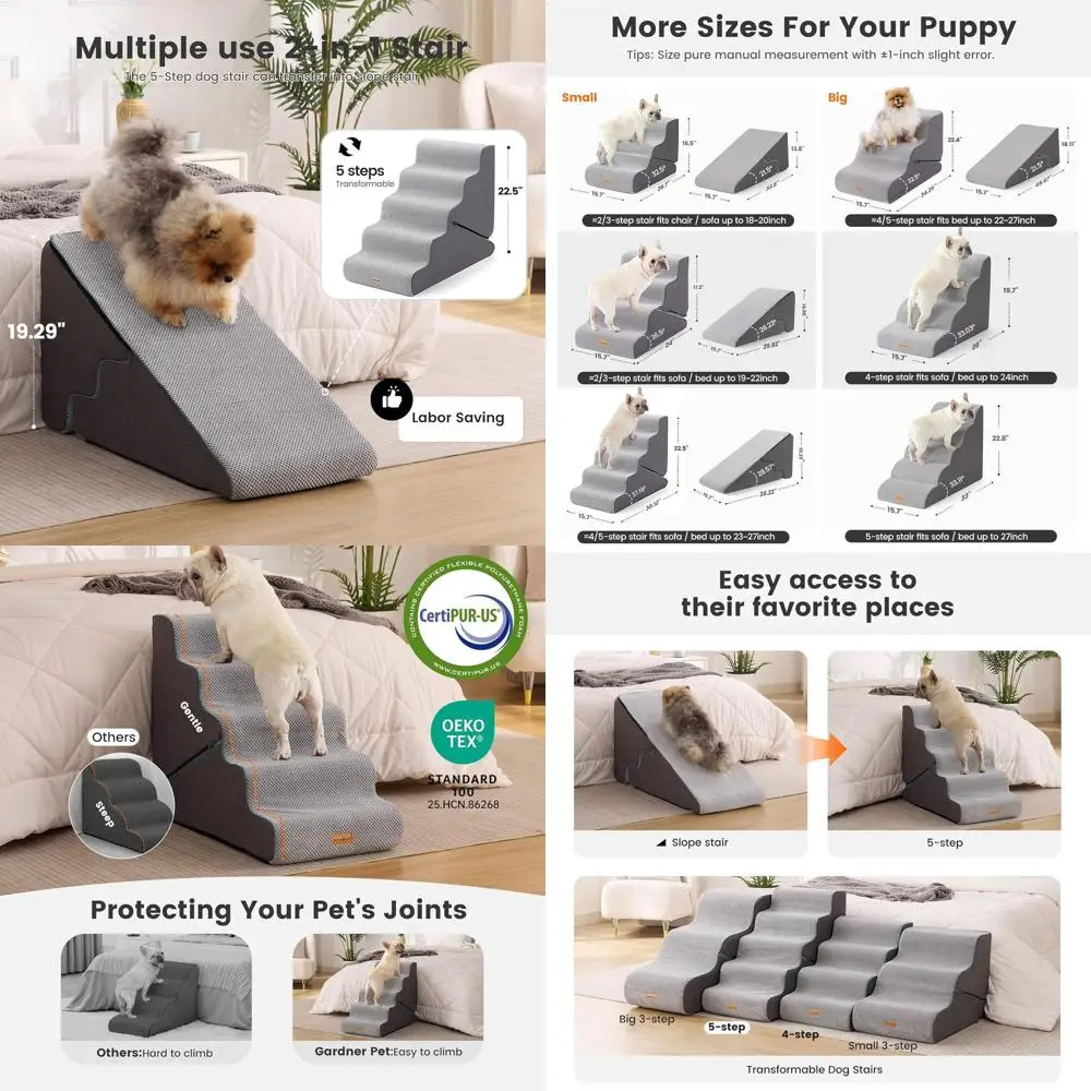 

Трансформируемая 5-ступенчатая лестница и рампа для домашних животных, высота 22,5, для маленьких собак, диван и кровать для доступа (23-27) с нескользящим водонепроницаемым чехлом