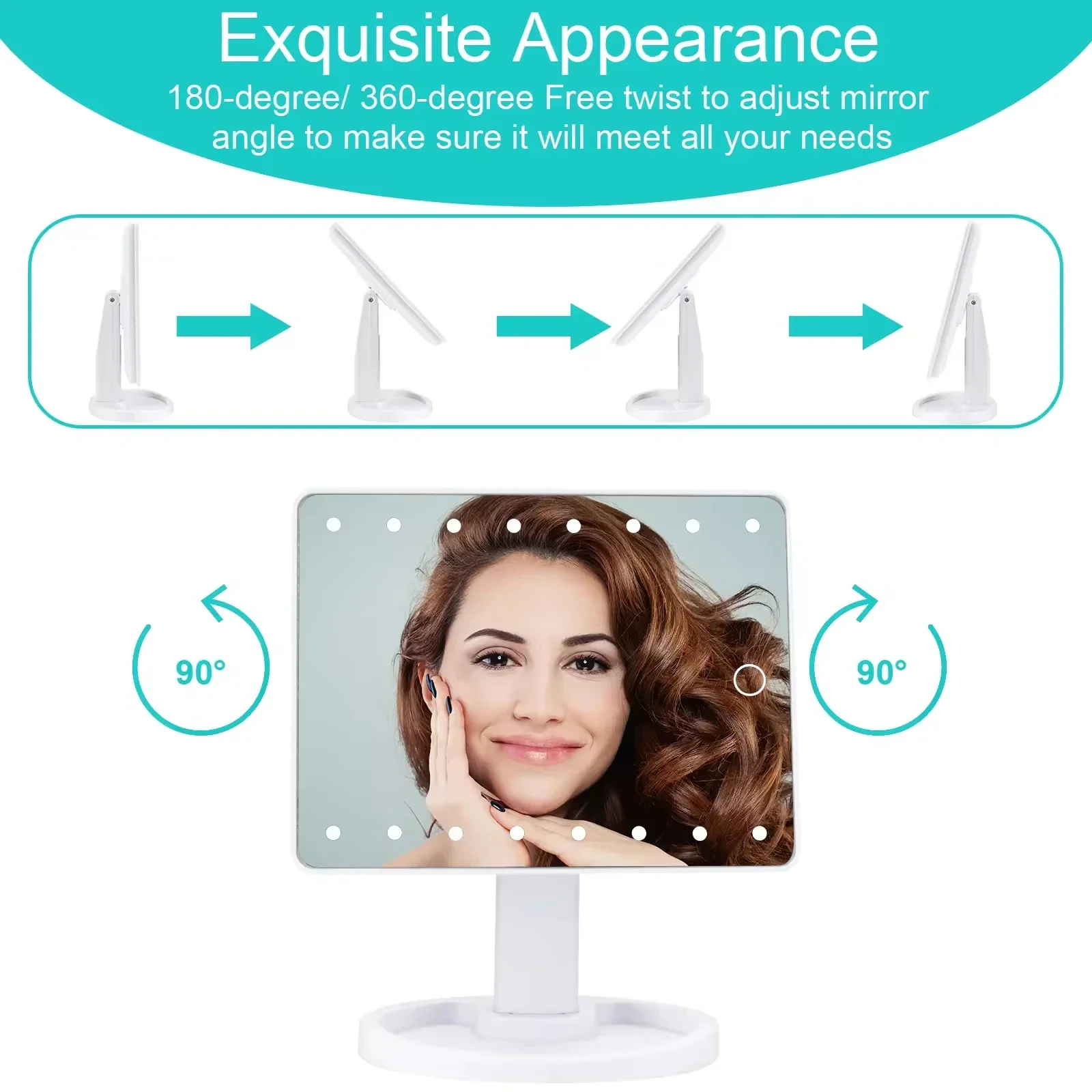 Espelho de maquiagem iluminado quadrado com luzes LED ajustáveis e suporte organizador para cosméticos, quarto e banheiro