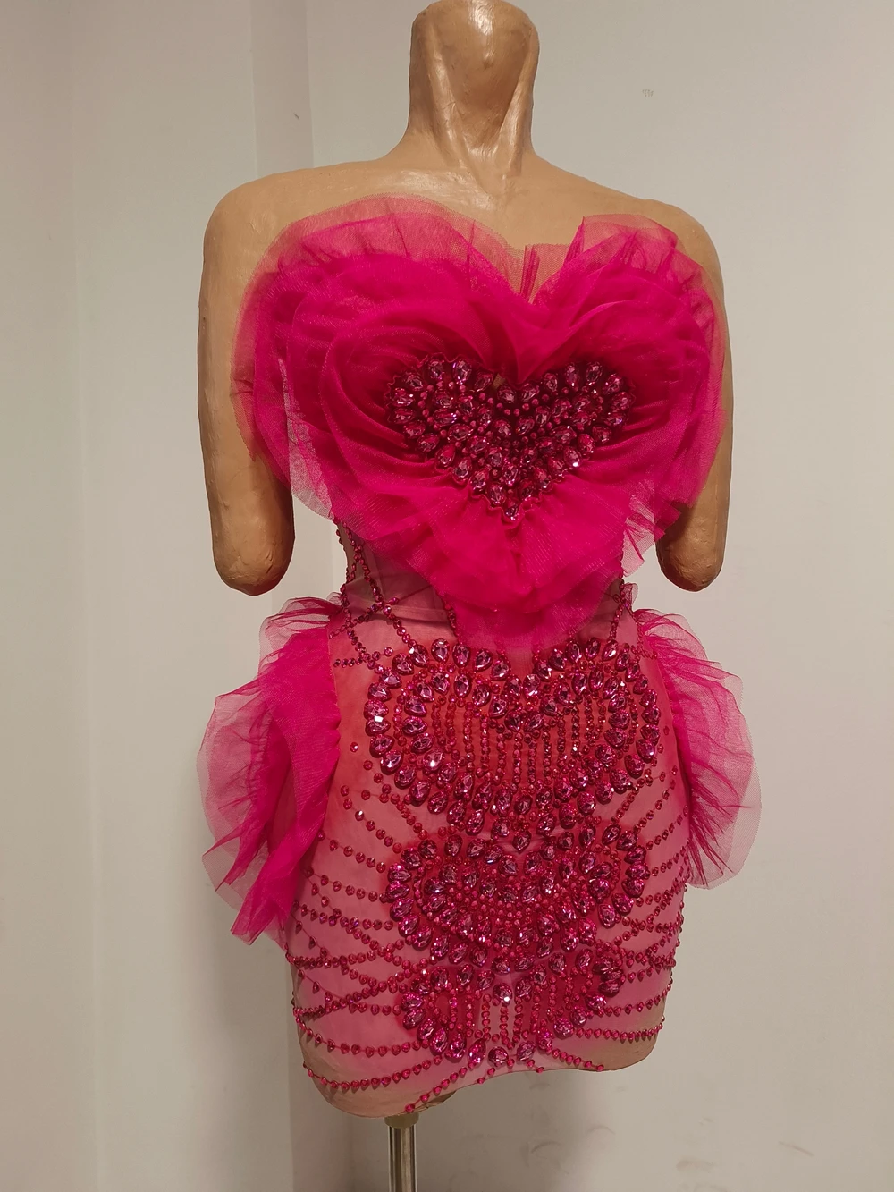 Sparkly Rhinestones Heart Sharp Birthday Celebrate Short Dress Women Sexy Mesh Transparent Photo Shoot Wear Performance Costume
